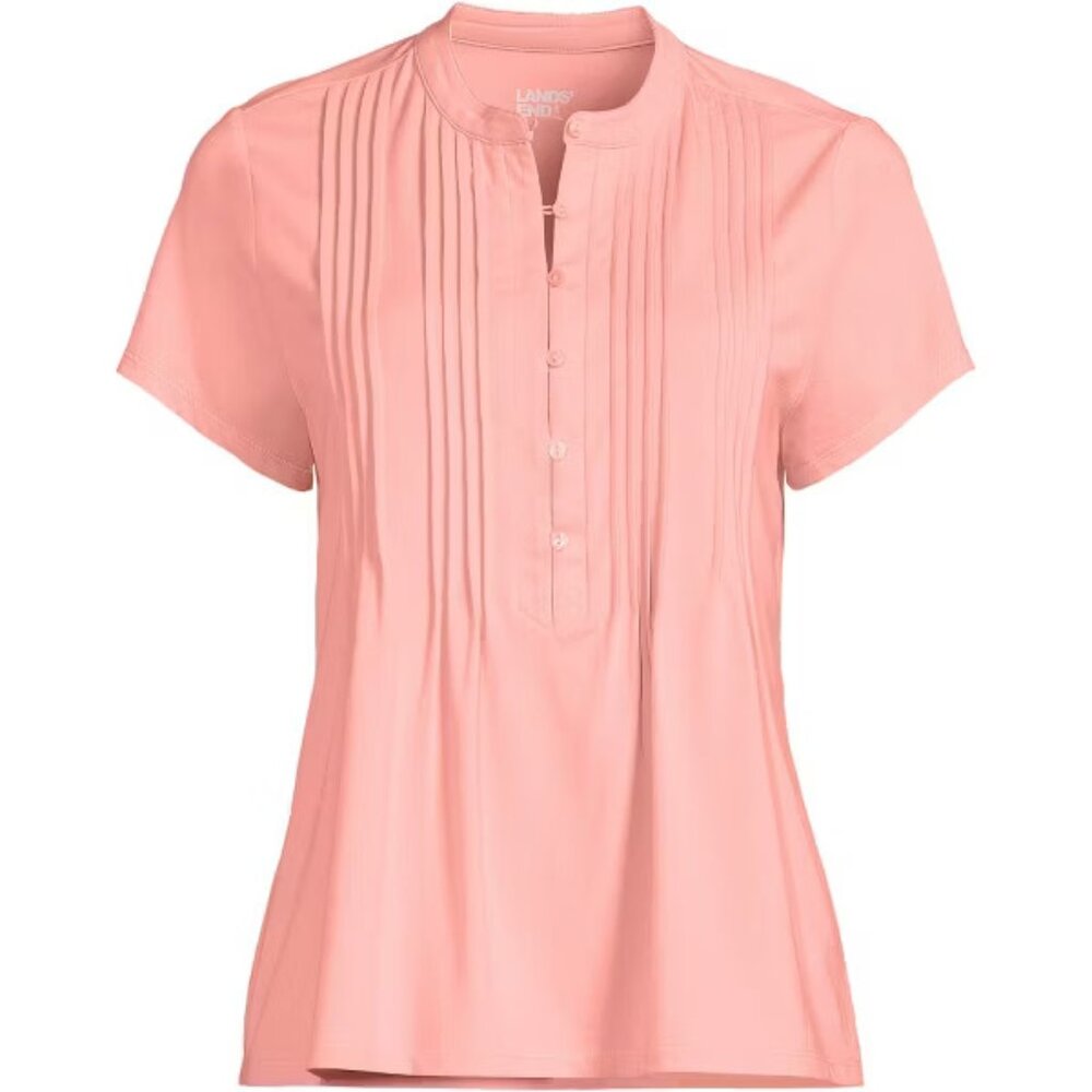 Lands' End Womens Short Sleeve Pintuck Blouse To Coral (Pink, Medium)